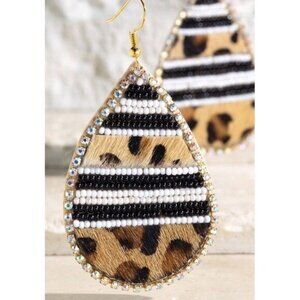 Seed Bead Leopard Print Earrings Teardrop Tan Black Faux Leather Statement